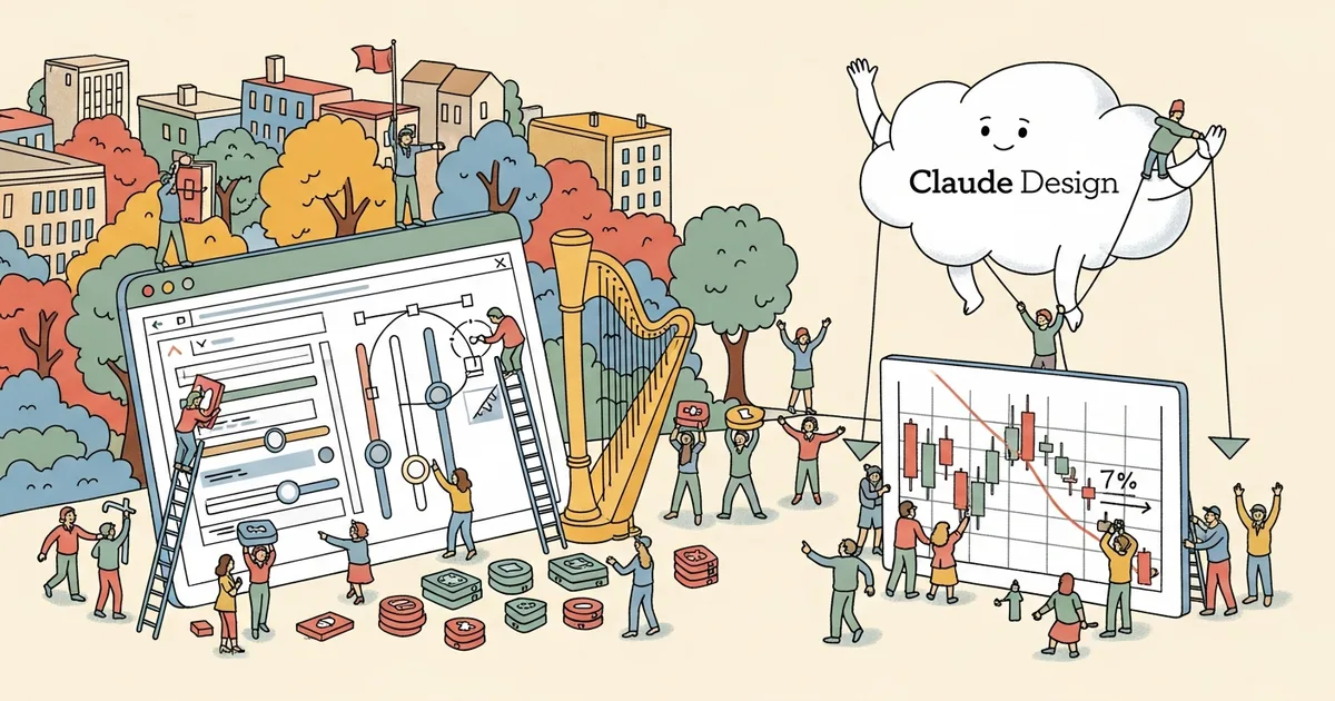 Editorial illustration for: Anthropic Launches Claude Design — Figma's Stock Falls 7%