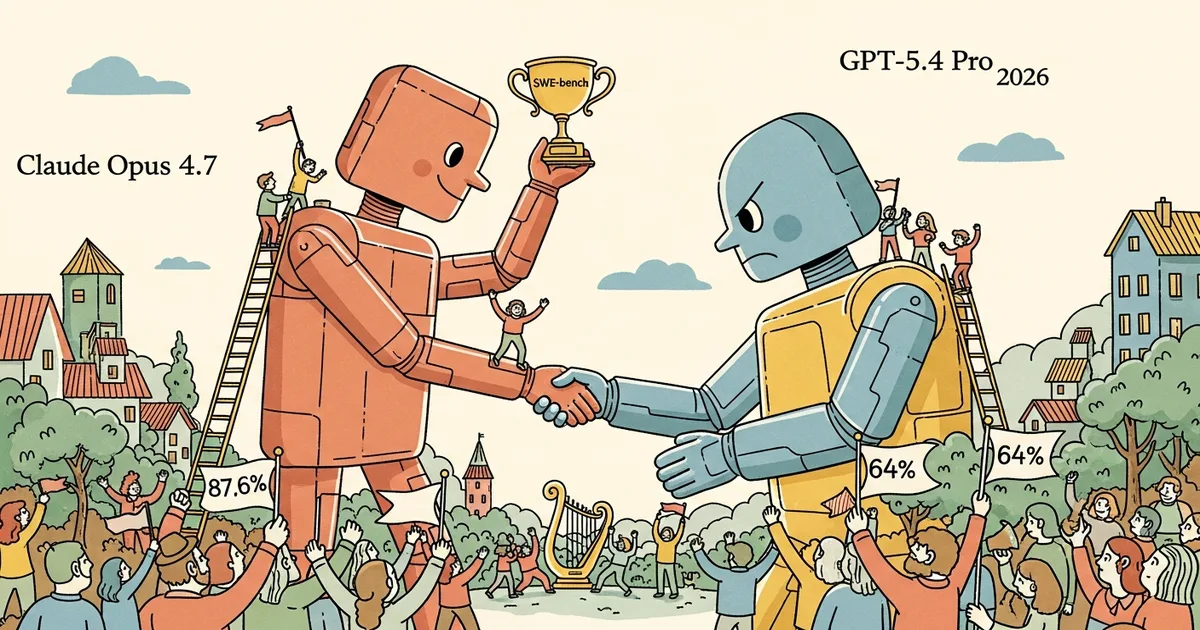 Editorial illustration for: Claude Opus 4.7 vs GPT-5.4 Pro 2026: The Definitive Showdown [SWE-bench 87.6% vs 64%]