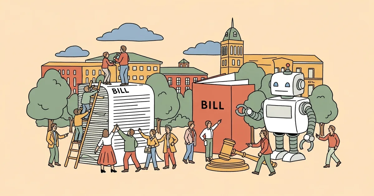 Editorial illustration for: Connecticut Targets AI Regulation With Cluster of Focused Bills in Final Legislative Weeks