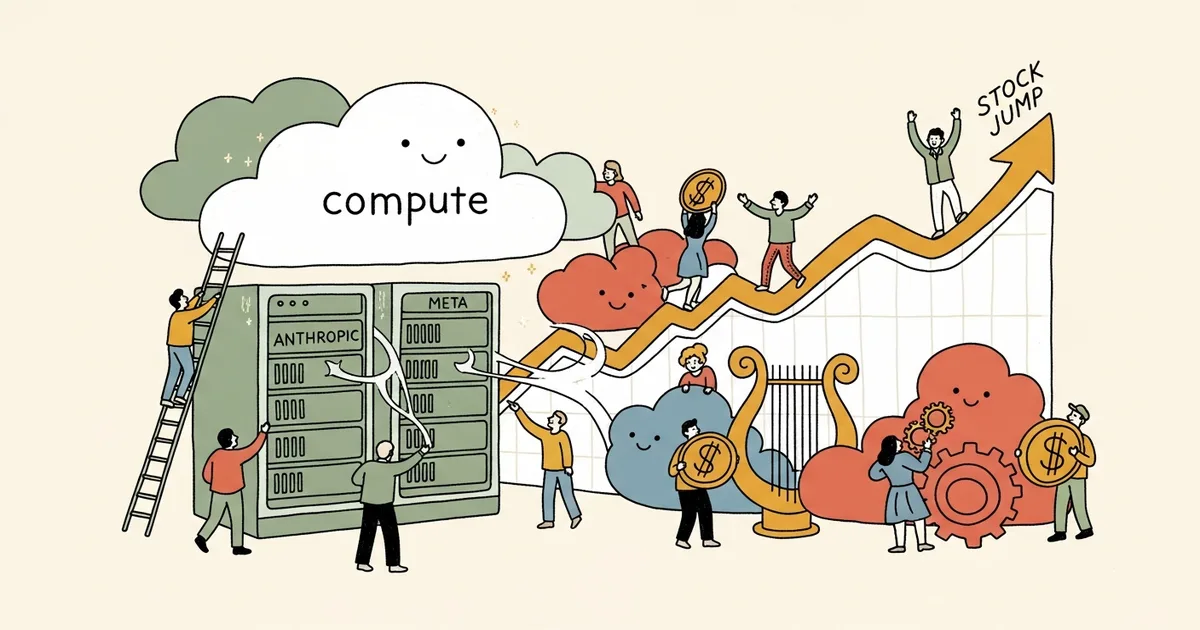 Editorial illustration for: CoreWeave Just Locked In Anthropic AND Meta in 18 Hours — Stock Jumped 12% Because Compute Won th