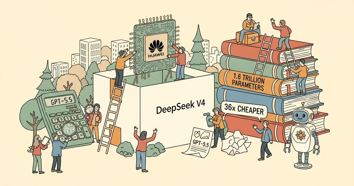 Editorial illustration for: DeepSeek V4 Launch: 1.6 Trillion Parameters, Huawei Chips, 36x Cheaper Than GPT-5.5