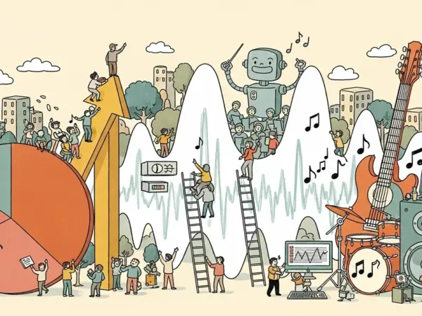 Editorial illustration for: Deezer: AI-Generated Tracks Now 44% of Daily Uploads, Up from 18% in Early 2025