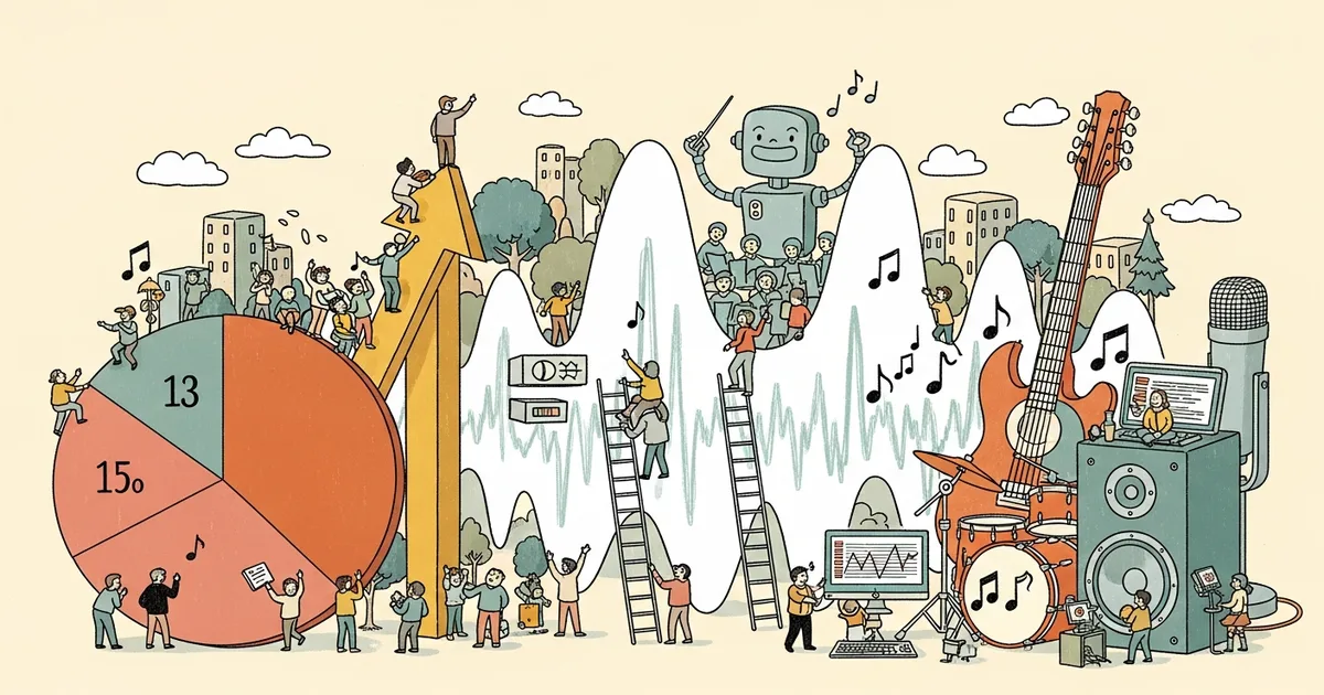 Editorial illustration for: Deezer: AI-Generated Tracks Now 44% of Daily Uploads, Up from 18% in Early 2025