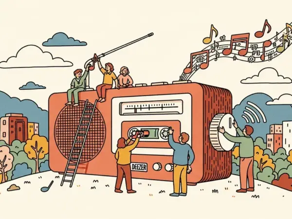 Editorial illustration for: Deezer Reports 44% of Daily Music Uploads Now AI-Generated