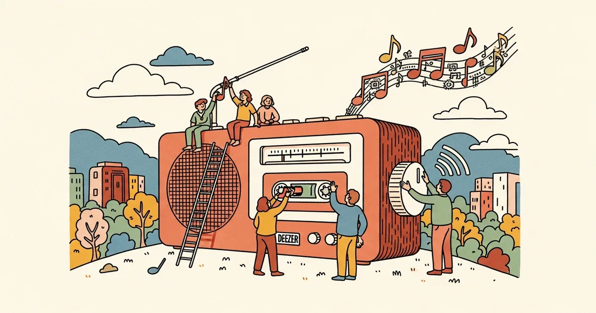 Editorial illustration for: Deezer Reports 44% of Daily Music Uploads Now AI-Generated