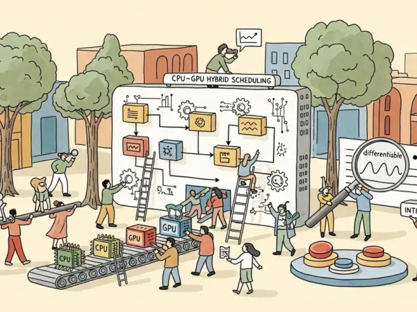 Editorial illustration for: Differentiable Initialization-Accelerated CPU-GPU Hybrid Combinatorial Scheduling