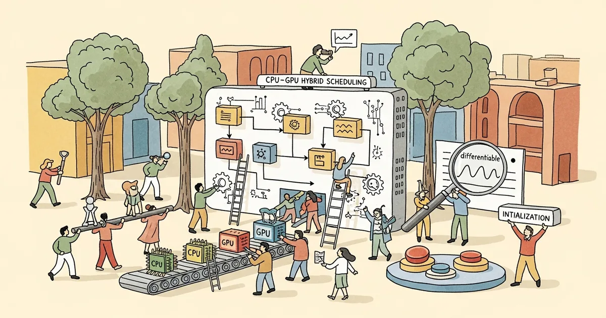 Editorial illustration for: Differentiable Initialization-Accelerated CPU-GPU Hybrid Combinatorial Scheduling
