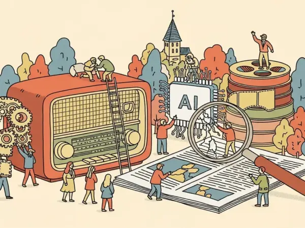 Editorial illustration for: DOJ Calls for Cautious Humility on Media Mergers Amid AI Disruption