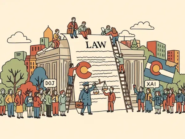 Editorial illustration for: DOJ Joins xAI Lawsuit Challenging Colorado AI Anti-Discrimination Law