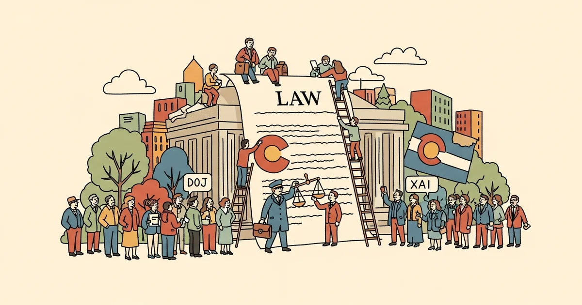 Editorial illustration for: DOJ Joins xAI Lawsuit Challenging Colorado AI Anti-Discrimination Law