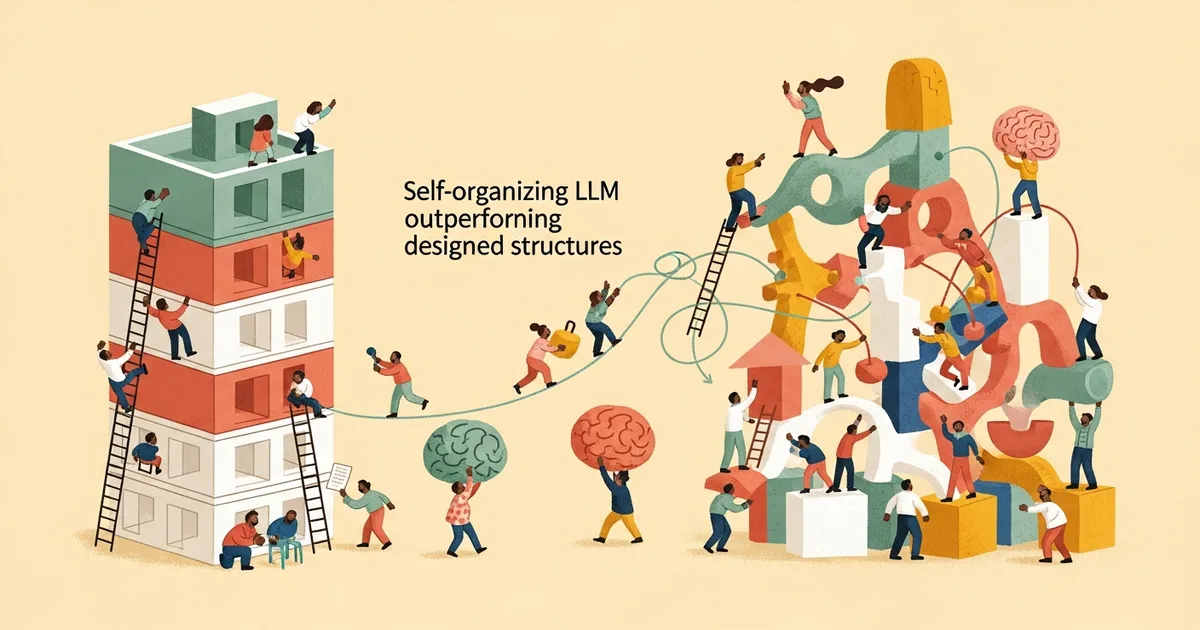 Editorial illustration for: Drop the Hierarchy and Roles: How Self-Organizing LLM Agents Outperform Designed Structures