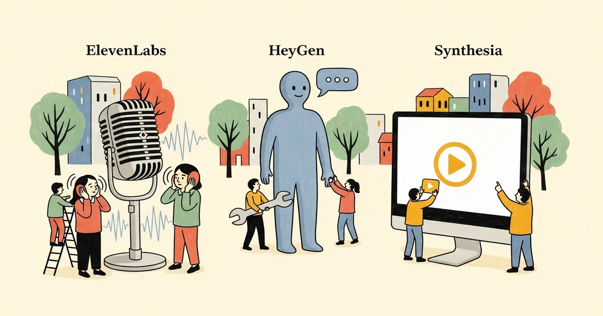 Editorial illustration for: ElevenLabs vs HeyGen vs Synthesia: We Tested All 3 — One Is Clearly Better