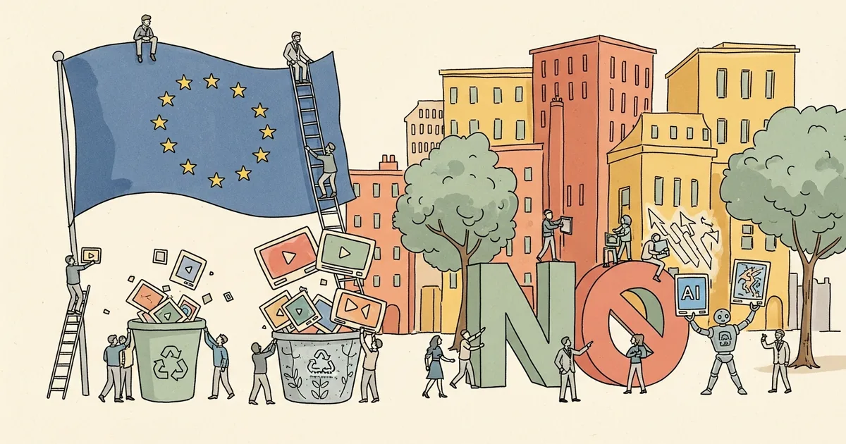 Editorial illustration for: EU Bans AI-Generated Images and Videos From Official Institutional Communications