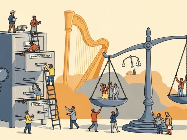 Editorial illustration for: Federal Appeals Court Refuses to Pause Pentagon's Anthropic Supply-Chain Risk Label