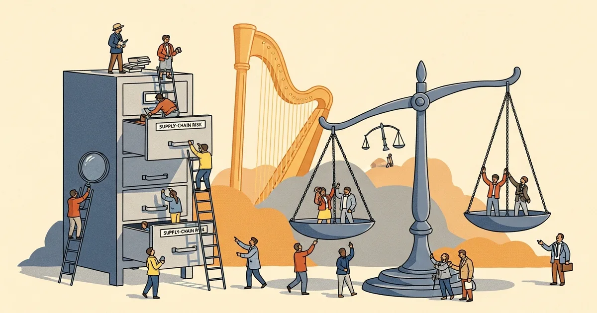 Editorial illustration for: Federal Appeals Court Refuses to Pause Pentagon's Anthropic Supply-Chain Risk Label