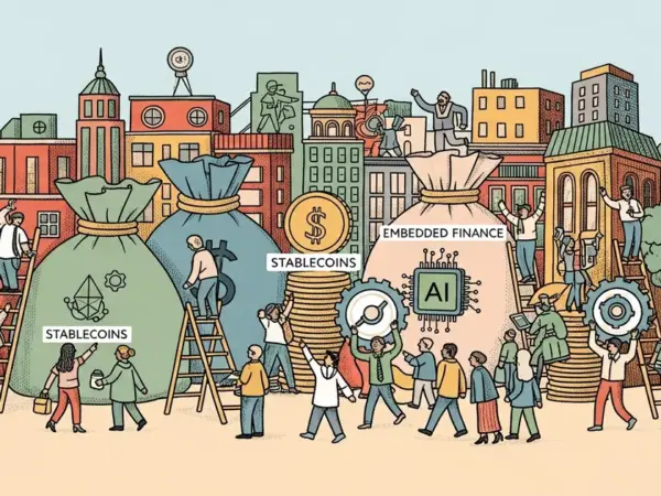 Editorial illustration for: Fintech Funding Surge in 2026 Extends Beyond AI Into Stablecoins and Embedded Finance