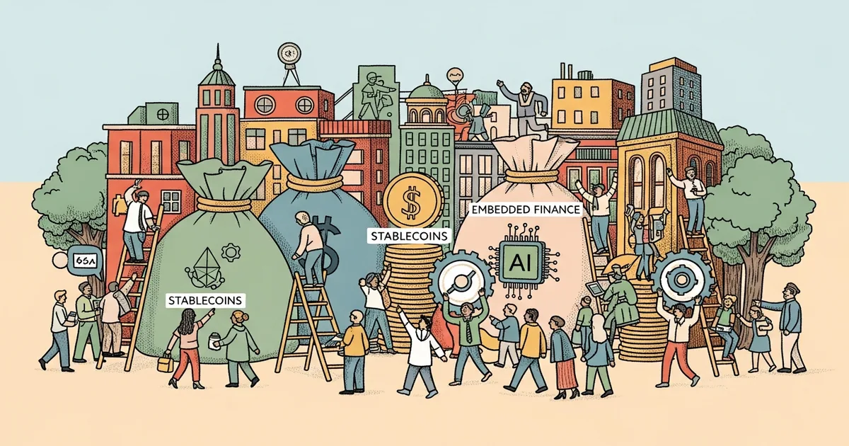 Editorial illustration for: Fintech Funding Surge in 2026 Extends Beyond AI Into Stablecoins and Embedded Finance