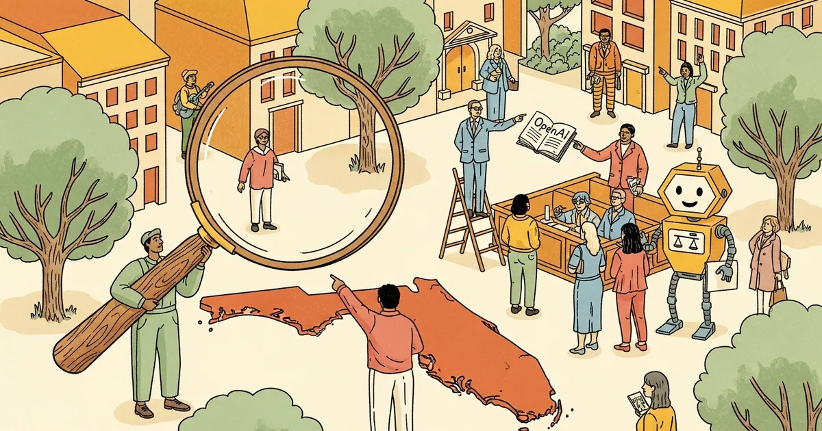 Editorial illustration for: Florida Opens Criminal Investigation Into OpenAI Over FSU Shooting