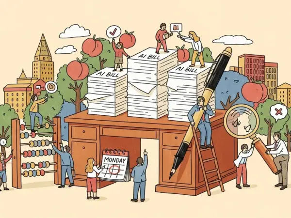 Editorial illustration for: Georgia's Governor Has 3 AI Bills on His Desk — He Must Sign or Veto by Monday