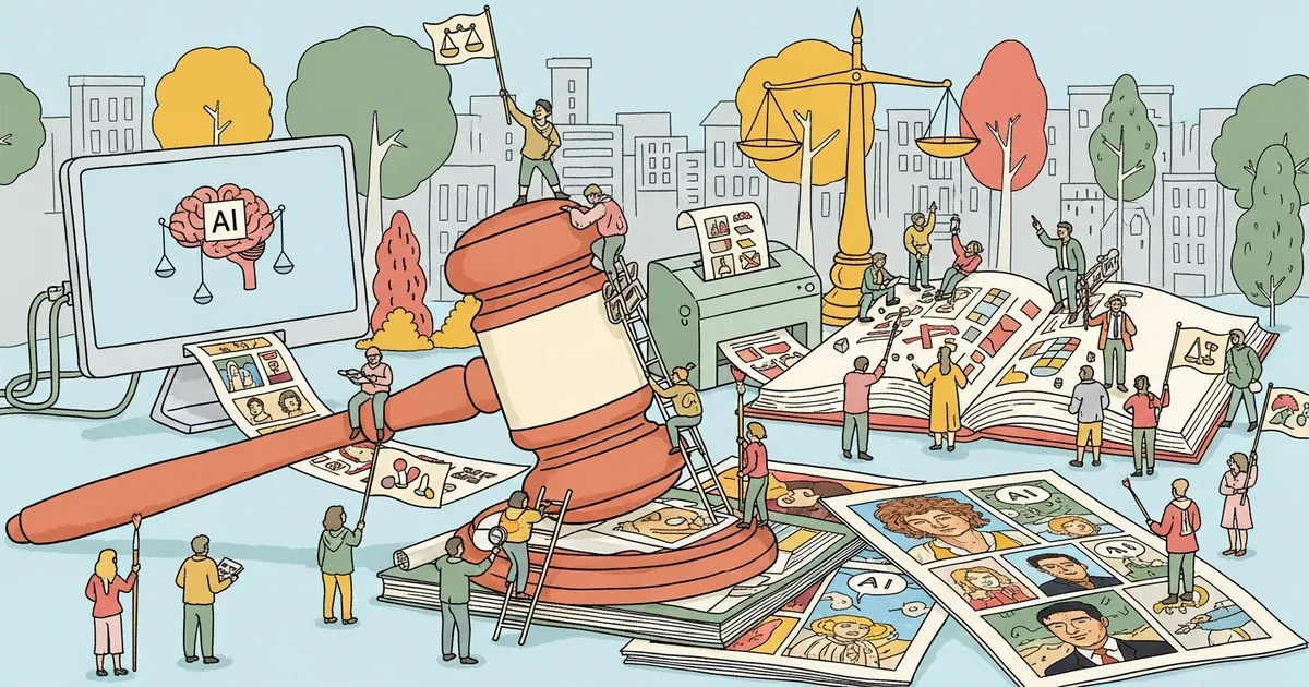 Editorial illustration for: A German Court Just Ruled AI Comic Adaptations of Real Photos Are Legal — Every AI Art Lawsuit Ju