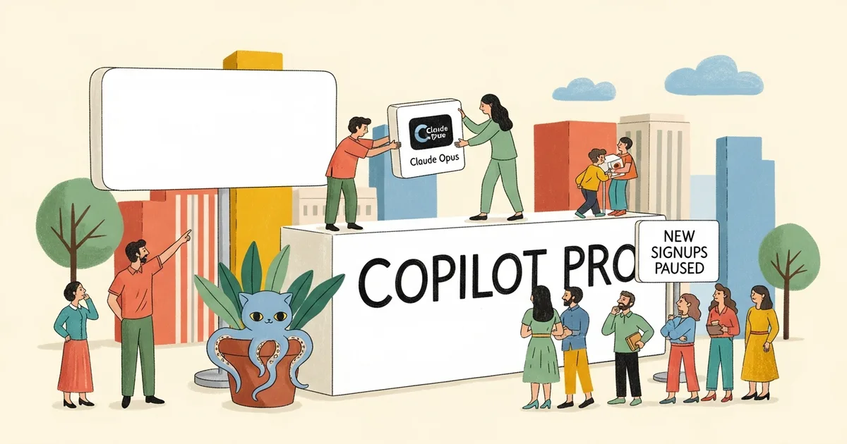 Editorial illustration for: GitHub Removes Claude Opus from Copilot Pro, Pauses New Signups