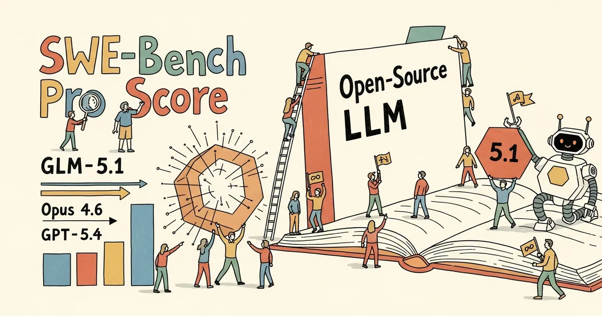 Editorial illustration for: GLM-5.1 Open-Source LLM Claims Top SWE-Bench Pro Score, Outpacing Opus 4.6 and GPT-5.4