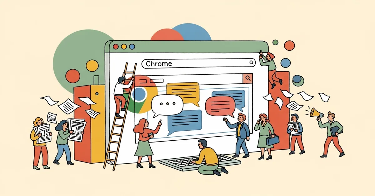 Editorial illustration for: Google AI Mode Just Took Over Chrome Desktop — Search Is Now a Conversation, and Publishers Are T
