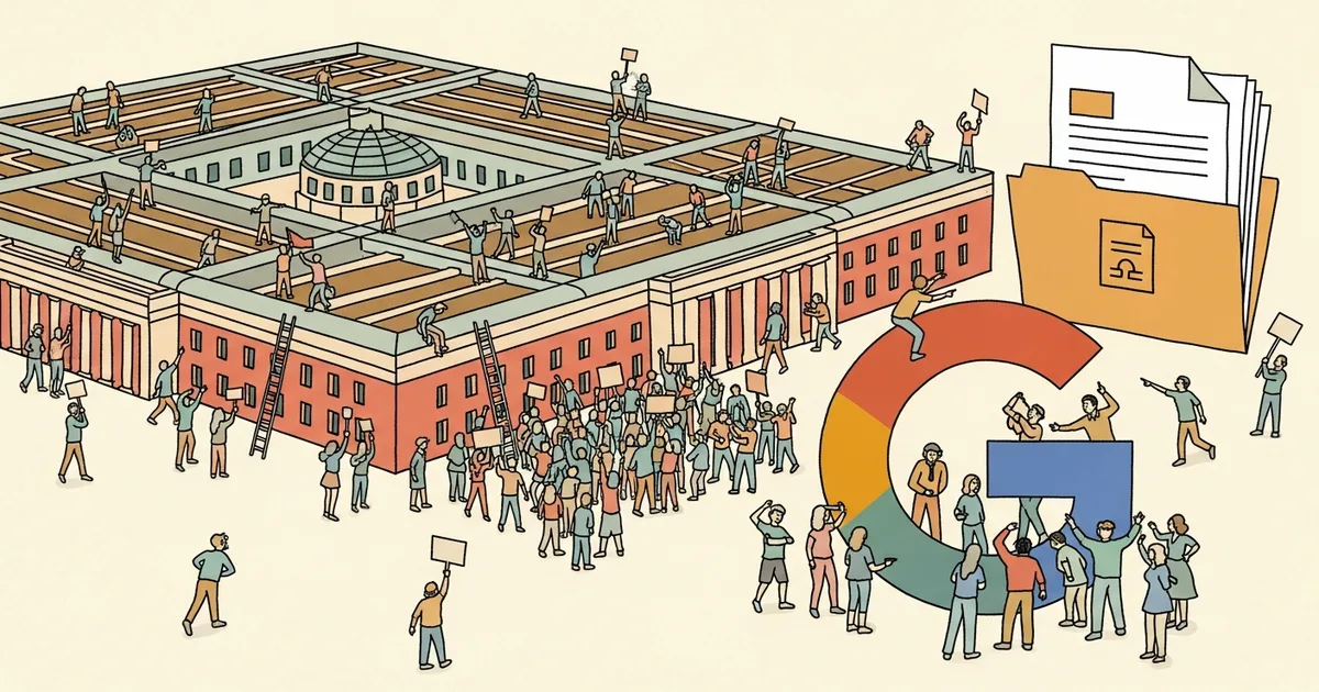 Editorial illustration for: Google Signs Pentagon Classified AI Contract Despite 600-Employee Protest