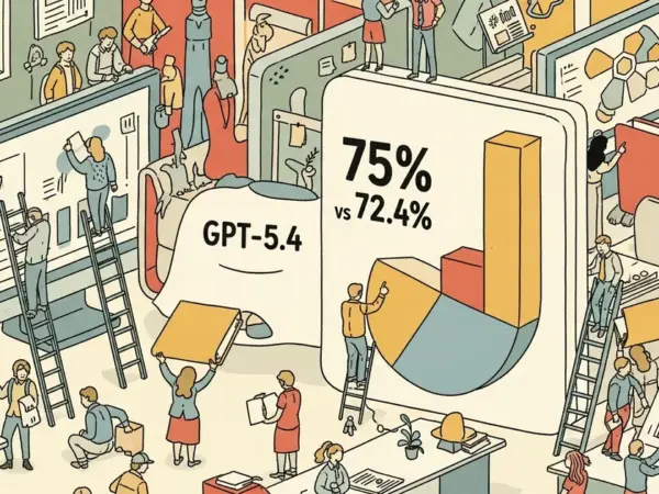 Editorial illustration for: GPT-5.4 Just Beat Humans at Real Office Work — 75% vs 72.4% on Desktop Tasks
