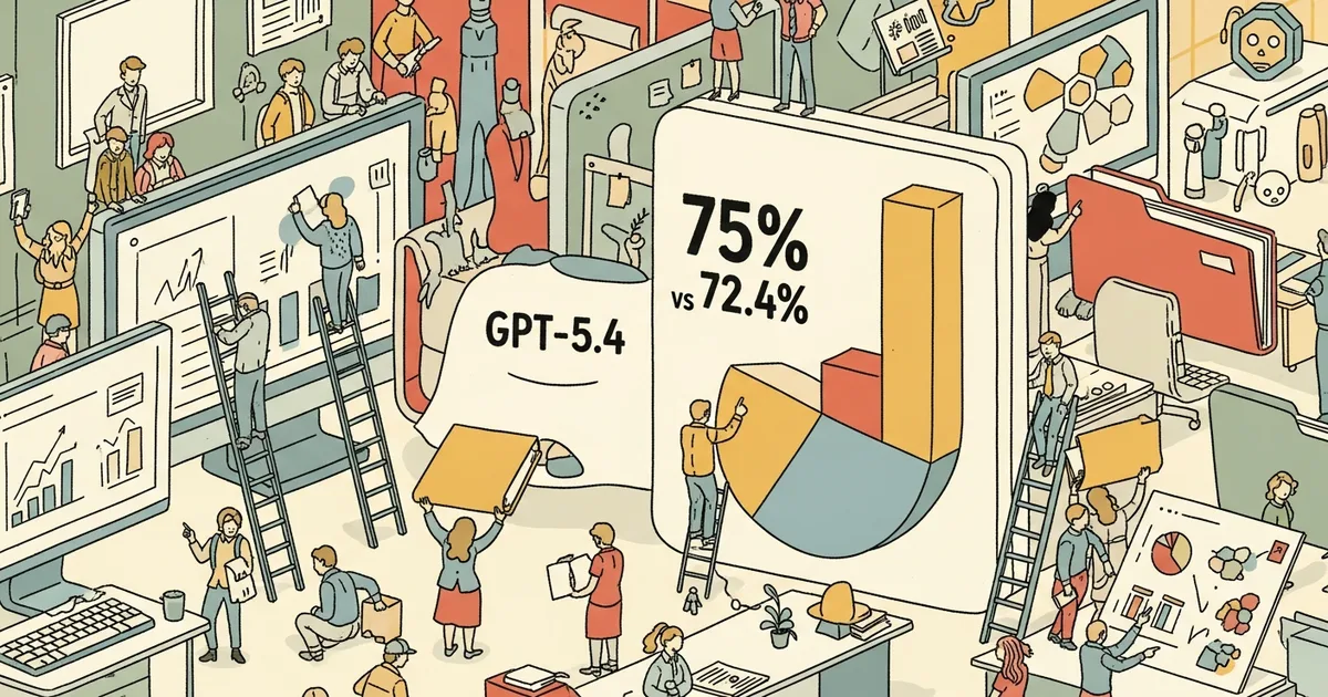 Editorial illustration for: GPT-5.4 Just Beat Humans at Real Office Work — 75% vs 72.4% on Desktop Tasks