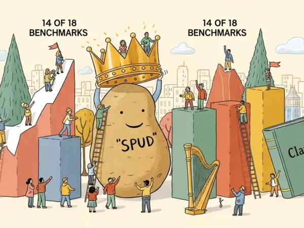 Editorial illustration for: GPT-5.5 'Spud' Just Dropped — Retakes the Crown From Claude on 14 of 18 Benchmarks