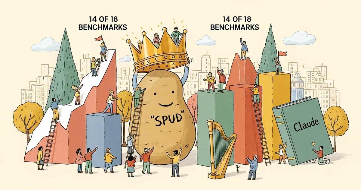 Editorial illustration for: GPT-5.5 'Spud' Just Dropped — Retakes the Crown From Claude on 14 of 18 Benchmarks