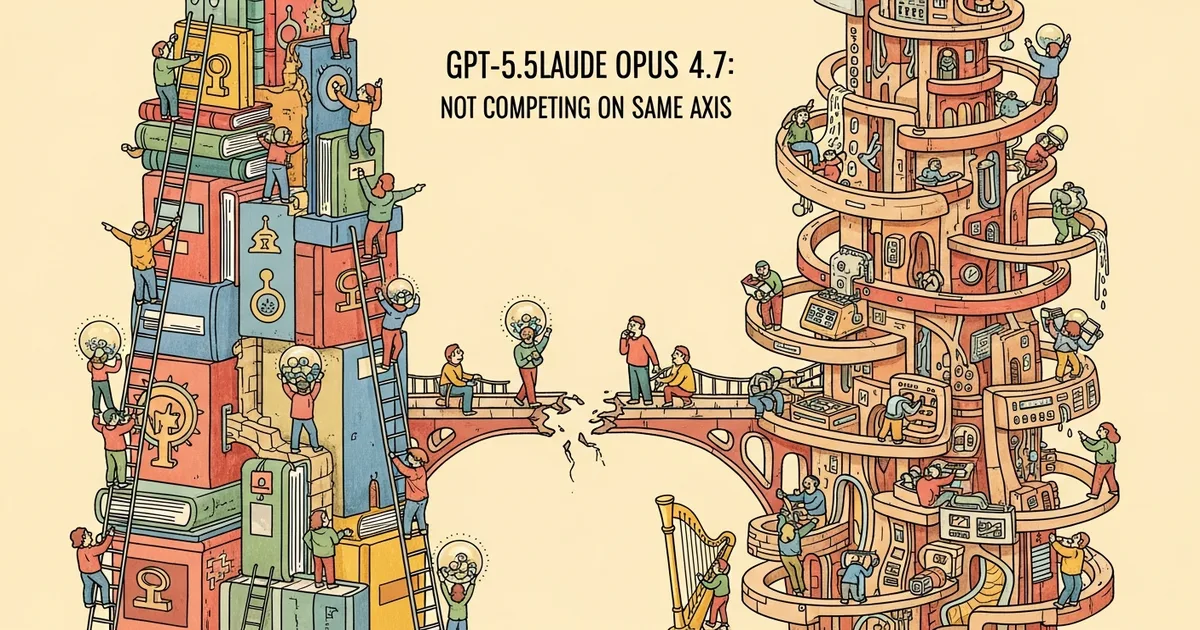 Editorial illustration for: GPT-5.5 vs Claude Opus 4.7: Not Competing on the Same Axis