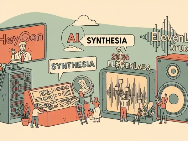 Editorial illustration for: HeyGen vs Synthesia vs ElevenLabs Studios 2026: AI Creator Showdown