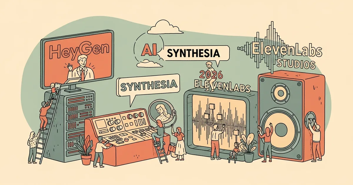 Editorial illustration for: HeyGen vs Synthesia vs ElevenLabs Studios 2026: AI Creator Showdown