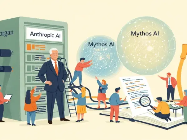 Editorial illustration for: Jamie Dimon Confirms JPMorgan Is Testing Anthropic's Mythos AI