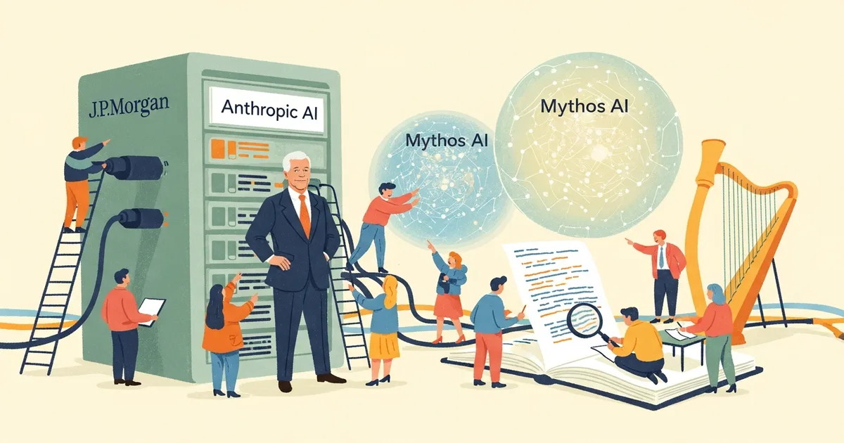 Editorial illustration for: Jamie Dimon Confirms JPMorgan Is Testing Anthropic's Mythos AI