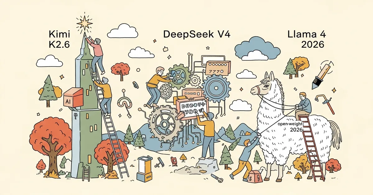 Editorial illustration for: Kimi K2.6 vs DeepSeek V4 vs Llama 4 2026: Open-Weight Model Comparison