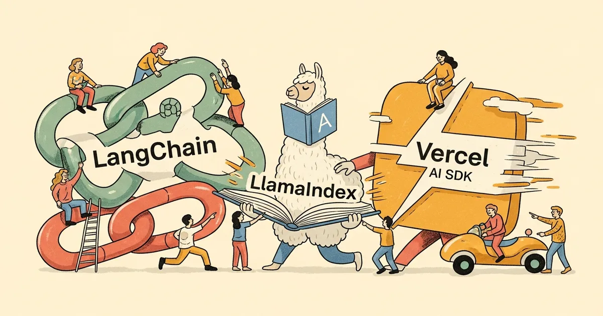 Editorial illustration for: LangChain vs LlamaIndex vs Vercel AI SDK 2026: Which Framework Wins