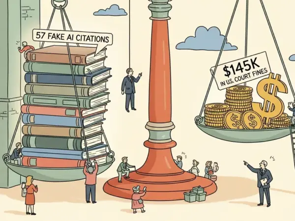 Editorial illustration for: Nebraska Lawyer Suspended: 57 Fake AI Citations, $145K in US Court Fines