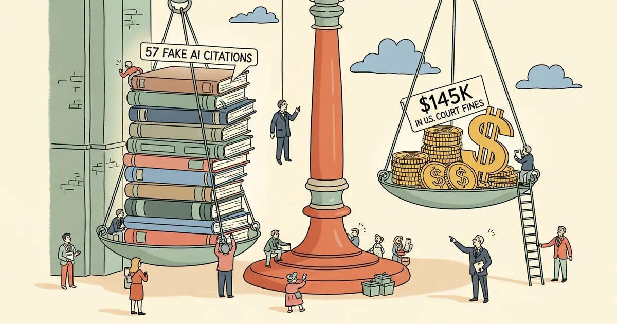 Editorial illustration for: Nebraska Lawyer Suspended: 57 Fake AI Citations, $145K in US Court Fines