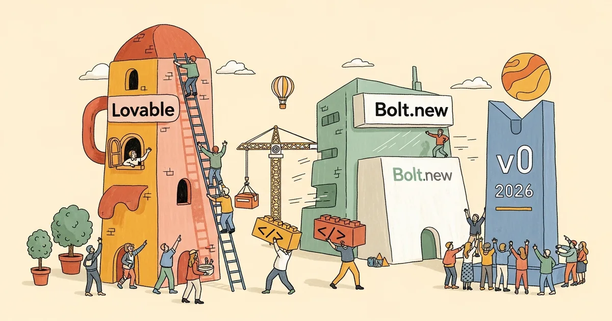 Editorial illustration for: Lovable vs Bolt.new vs v0 2026: The AI App Builder Battle