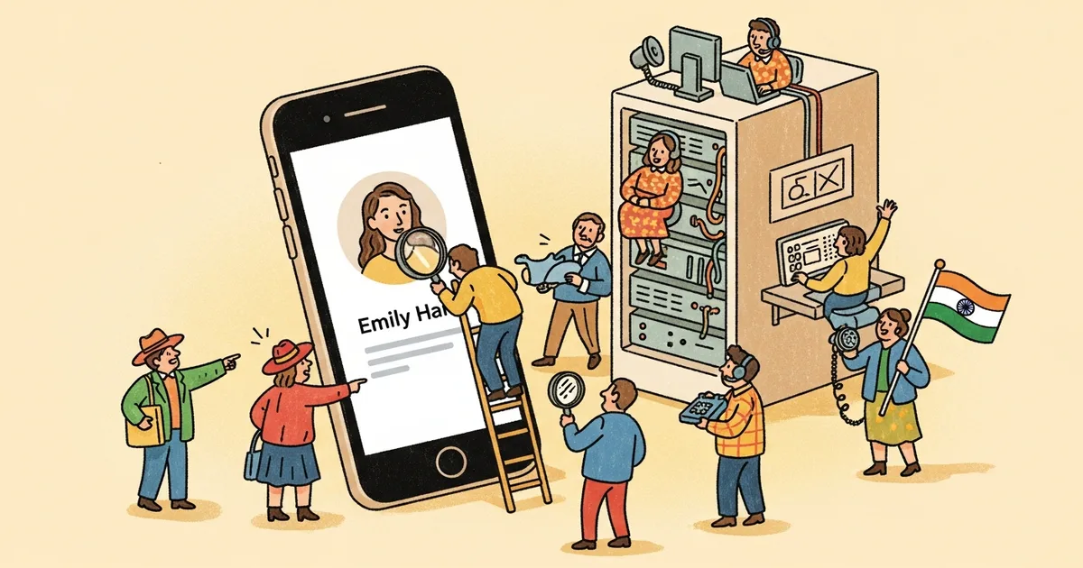 Editorial illustration for: MAGA Influencer Emily Hart Revealed as AI Account Run from India