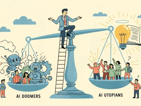 Editorial illustration for: Marc Andreessen Says AI Doomers AND Utopians Are Both Wrong — Here's His Argument