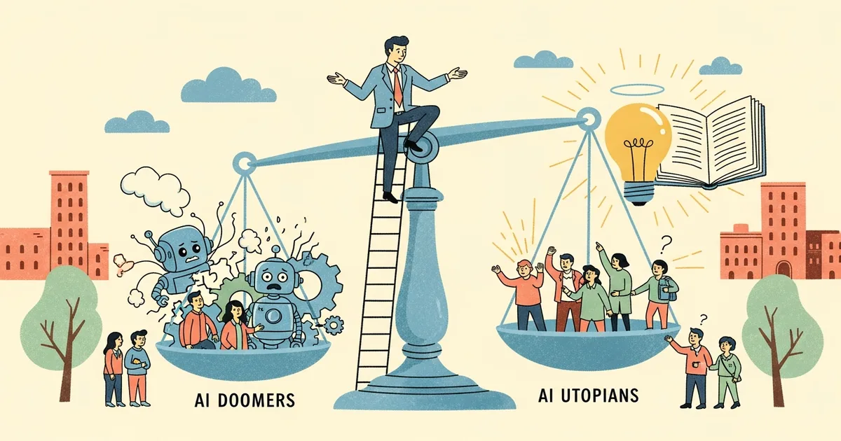 Editorial illustration for: Marc Andreessen Says AI Doomers AND Utopians Are Both Wrong — Here's His Argument