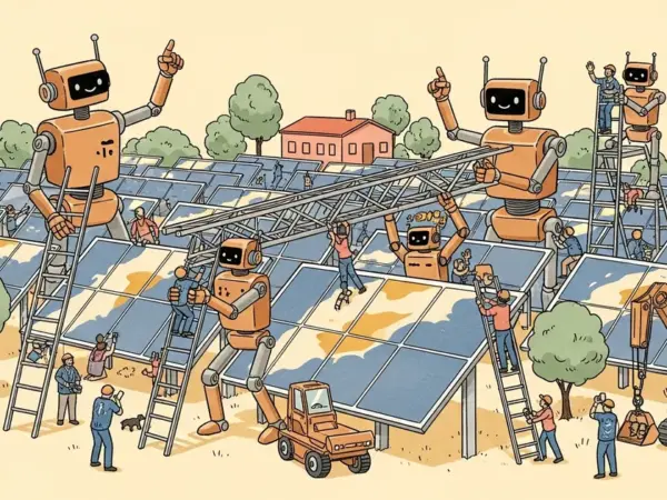 Editorial illustration for: AI Robots Just Built a 100-Megawatt Solar Farm — The Same AI That Demands Energy Is Now Building