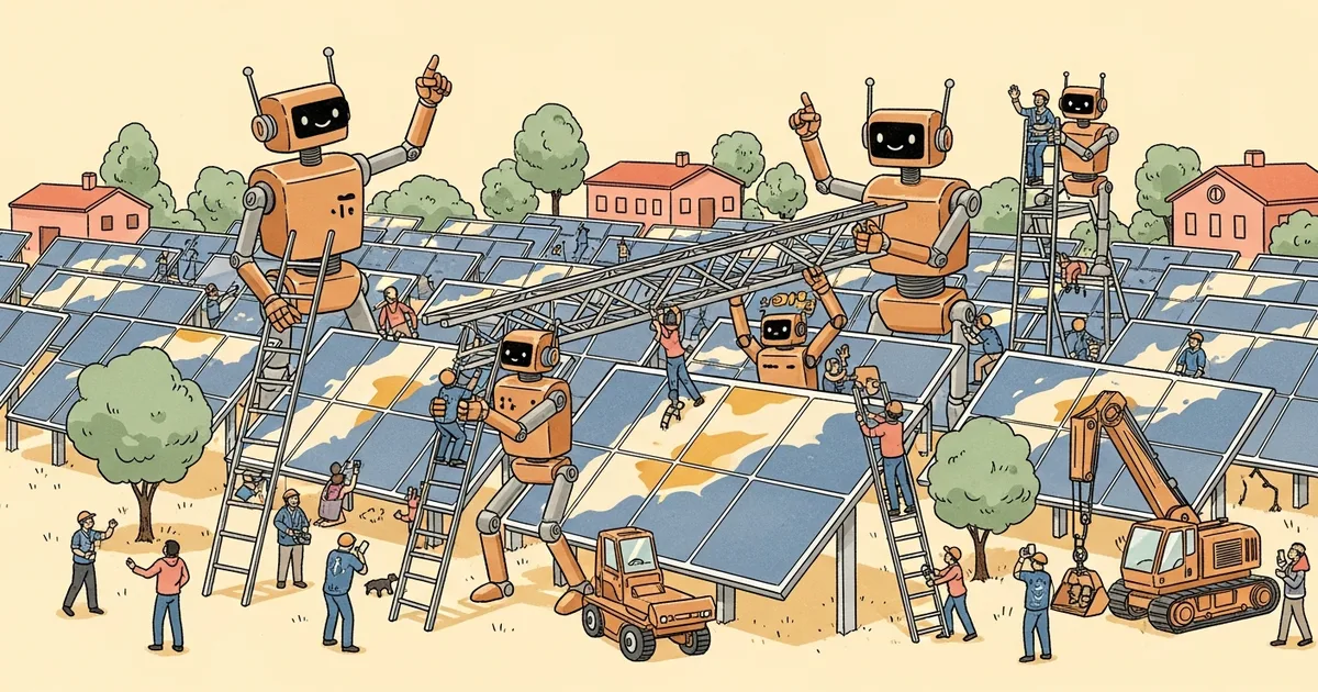 Editorial illustration for: AI Robots Just Built a 100-Megawatt Solar Farm — The Same AI That Demands Energy Is Now Building