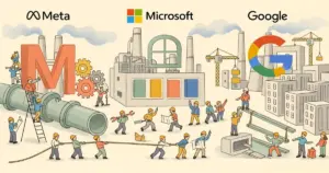 Editorial illustration for: Meta, Microsoft, and Google Race to Build Natural Gas Plants for AI Data Centers