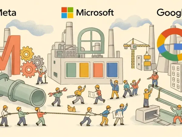 Editorial illustration for: Meta, Microsoft, and Google Race to Build Natural Gas Plants for AI Data Centers