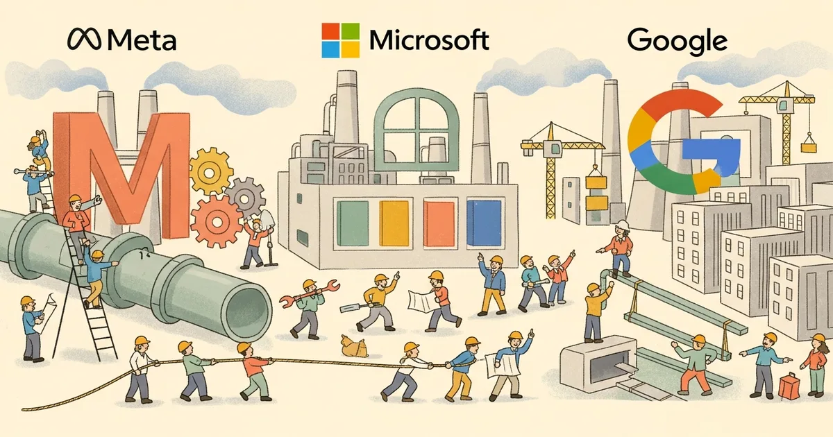 Editorial illustration for: Meta, Microsoft, and Google Race to Build Natural Gas Plants for AI Data Centers